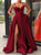 Burgundy Satin Spaghetti Straps Sleeveless Prom Dresses with Slit 