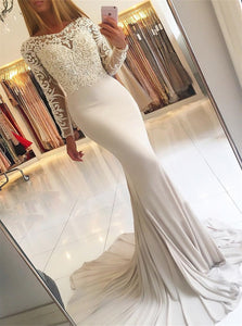 Mermaid Scoop Sweep Train White Prom Dresses Spandex With Appliques