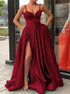 Burgundy Satin Spaghetti Straps Prom Dresses with Slit LBQ0601