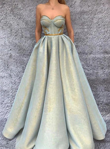 A Line Sweetheart Green Satin Prom Dresses with Pleats