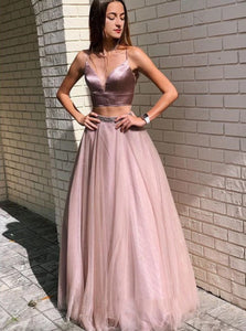 Spaghetti Straps Two Piece Prom Dresses With Beadings