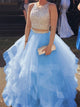 Two Piece Ruffles Ball Gown Tulle Blue Prom Dresses
