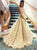 Spaghetti Straps V Neck Champagne Prom Dresses with Appliques