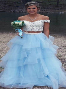 Off the Shoulder Blue Organza Ivory Lace Prom Dresses