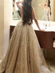 Ball Gown V Neck Open Back Prom Dresses with Sweep Train