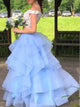 Off the Shoulder Blue Organza Ivory Lace Prom Dresses with Ruffles