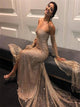 Long Sleeves Gold Split Sequins Off the Shoulder Prom Dresses LBQ0741
