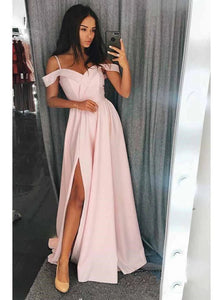 Floor Length Off the Shoulder Satin Prom Dresses with Slit