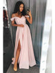 Floor Length Off the Shoulder Satin Prom Dresses with Slit