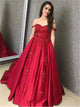 A Line Off the Shoulder Lace Appliques Red Satin Prom Dresses LBQ1365