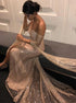 Gold Sequined Off the Shoulder Long Sleeves Sheath Prom Dresses LBQ1233
