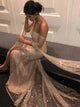 Gold Sequined Off the Shoulder Long Sleeves Sheath Prom Dresses