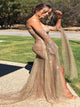 Gold Sequined Prom Dresses with Sweep Train