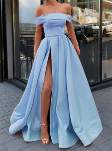 A Line Light Blue Off the Shoulder Prom Dresses with Slit