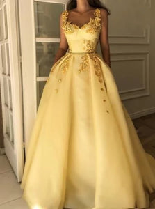 Yellow Chiffon Appliques Ball Gown Prom Dresses