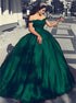 Green Satin Off The Shoulder Ball Gown Prom Dresses Lace Appliques LBQ1516