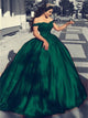 Green Satin Off The Shoulder Ball Gown Prom Dresses