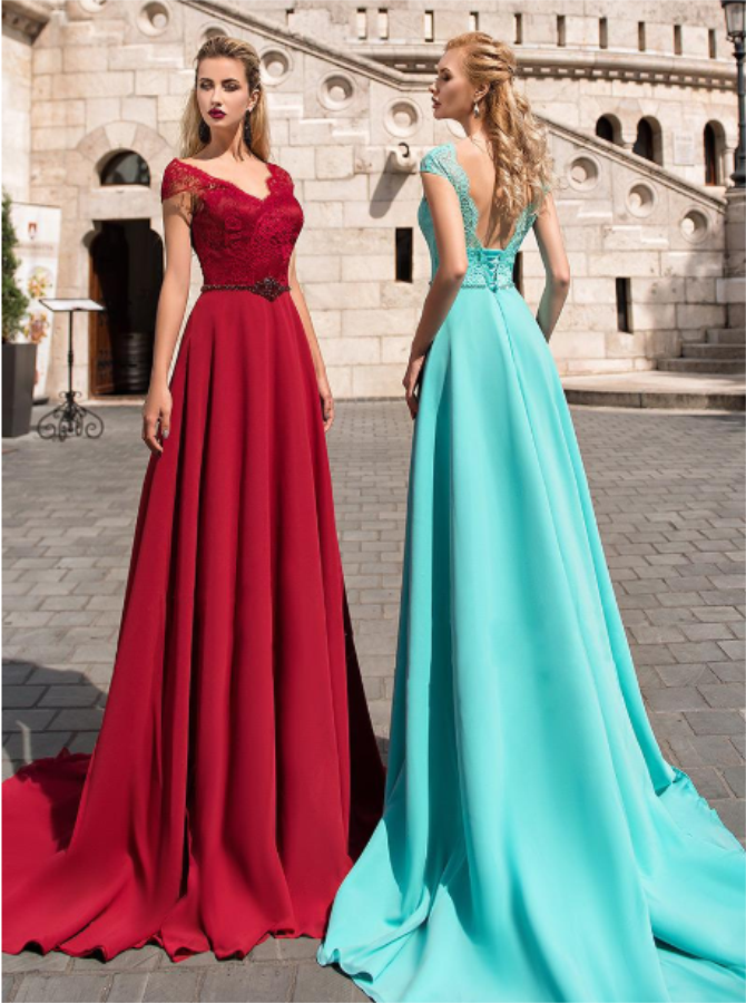 A Line V Neck Cap Sleeves Prom Dresses with Appliques | Alinepromdress A Line V Neck Cap Sleeves Prom Dresses with Appliques | Alinepromdress