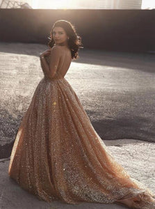 A Line Sequin V Neck Sequins Golden Tulle Prom Dresses
