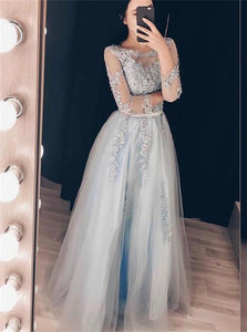 A Line Long Sleeves Tulle Floor Length Prom Dresses 