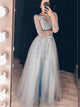 A Line Long Sleeves Tulle Floor Length Prom Dresses 
