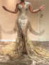 A Line One Shoulder Beadings Split Prom Dresses LBQ1026