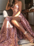 Dusty Rose  Appliques Spaghetti Strap Satin Prom Dresses LBQ0810