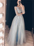 Gray Scoop Long Sleeves Appliques Prom Dresses LBQ1133