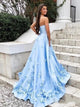 A Line Sky Blue Prom Dresses with 3D Floral Appliques