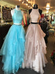 A Line High Neck Beadings Organza Sleeveless Prom Dresses with Ruffles