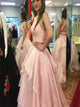  A Line High Neck Beadings Organza Floor Length Prom Dresses