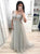 V Neck Short Sleeves Gray Tulle Sweep Train Beadings Prom Dresses