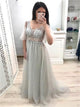 V Neck Short Sleeves Gray Tulle Sweep Train Beadings Prom Dresses