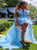 A Line Organza Asymmetrical Blue Prom Dresses