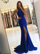 Halter Royal Blue Mermaid Prom Dresses with Sweep Train 