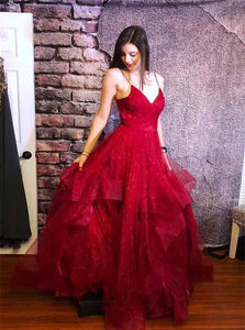 A Line Red Ruffles V Neck Tulle Prom Dresses 