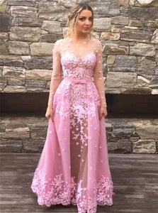 A Line Scoop Long Sleeves Tulle Prom Dresses