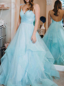 Spaghetti Straps Backless Floor Length Blue Prom Dresses 