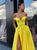 Off the Shoulder Yellow A Line Satin Slit Prom Dresses