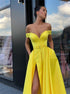 Off the Shoulder Yellow A Line Satin Slit Prom Dresses LBQ0785