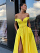 Off the Shoulder Yellow A Line Satin Slit Prom Dresses