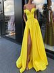 Off the Shoulder Yellow A Line Satin Slit Sweep Train Prom Dresses