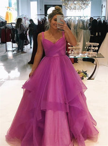 Purple Sleeveless V Neck Ruffles Prom Dresses