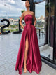 A Line Satin Backless Slit Prom Dresses with Sweep Train