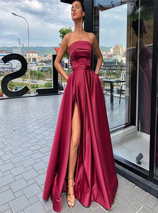 A Line Strapless Sleeveless Slit Burgundy Prom Dresses 