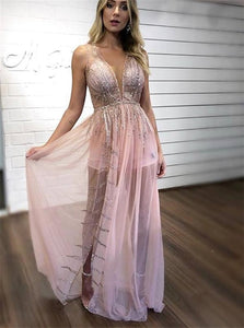 A Line Pink Chiffon Silver Sequins Prom Dresses