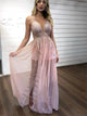 Pink Chiffon Silver Sequins Floor Length Prom Dresses