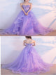 A Line Sweetheart Tulle Purple Ruffles Prom Dresses
