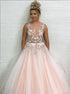 Blush Pink Tulle Applique V Neck Sleeveless Prom Dresses LBQ0998