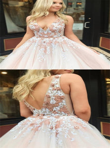 Blush Pink Tulle Applique Sweep Train Open Back Prom Dresses